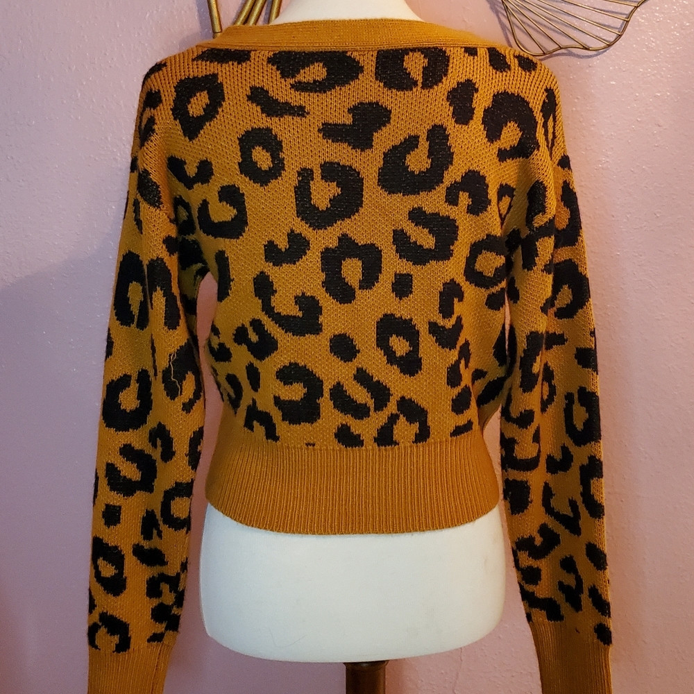 Lumiere Orange Tan Leopard Print Button Up Sweate… - image 2